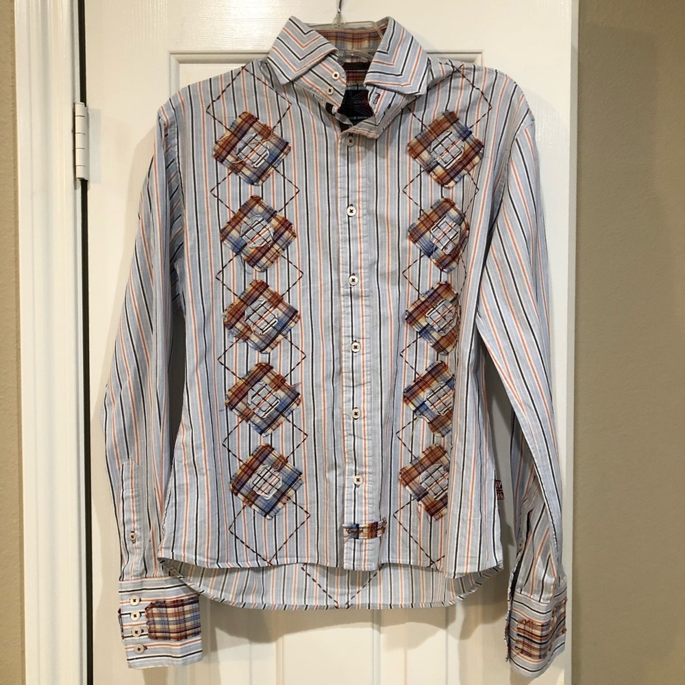 English Laundry Cotton Button Down Dress Shirt Stripes & Patches Hand Sewn S
